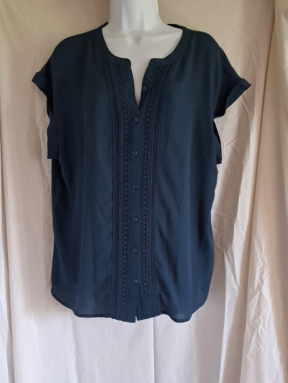 Women's Navy Button-Front Blouse with Crochet Trim